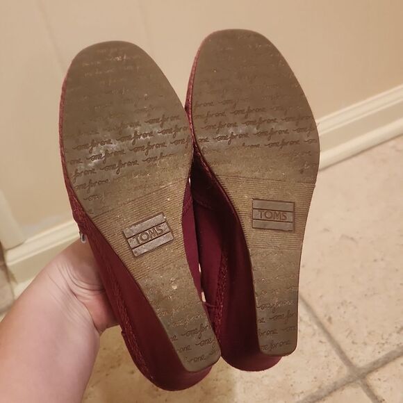 Toms Women's Pink Canvas Heeled Wedge Open Peeptoe Sandals Size 8.5 - Picture 8 of 8